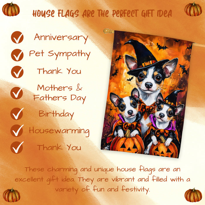 Rat Terrier Dog Halloween House Flag Witch Hat Pumpkin Fall Outdoor Decor for Porch Garden and Lawn Rustic Autumn Farmhouse Holiday Decoration