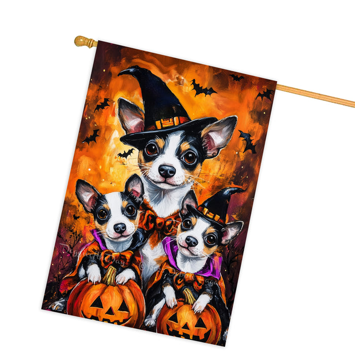 Rat Terrier Dog Halloween House Flag Witch Hat Pumpkin Fall Outdoor Decor for Porch Garden and Lawn Rustic Autumn Farmhouse Holiday Decoration