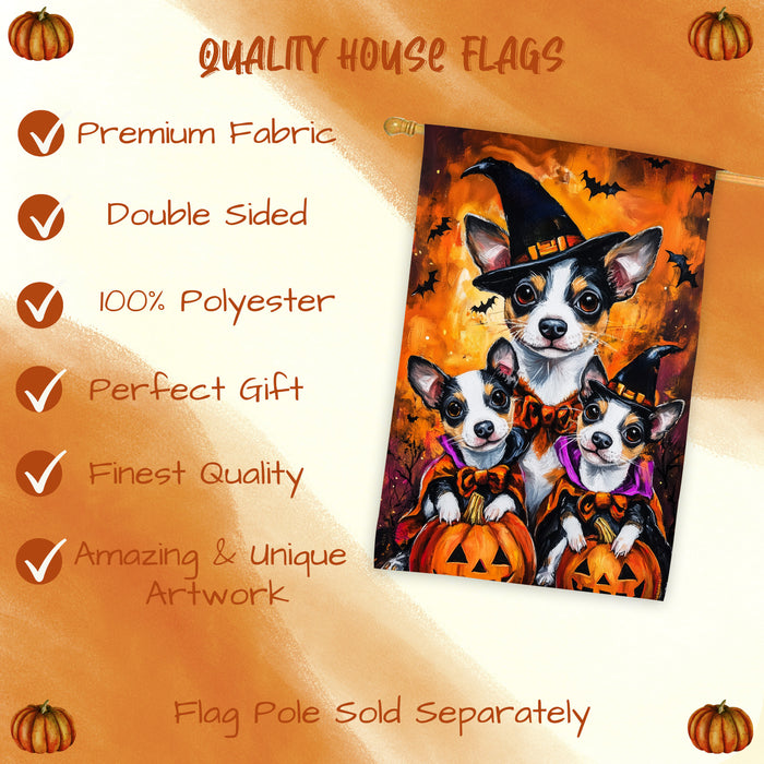 Rat Terrier Dog Halloween House Flag Witch Hat Pumpkin Fall Outdoor Decor for Porch Garden and Lawn Rustic Autumn Farmhouse Holiday Decoration