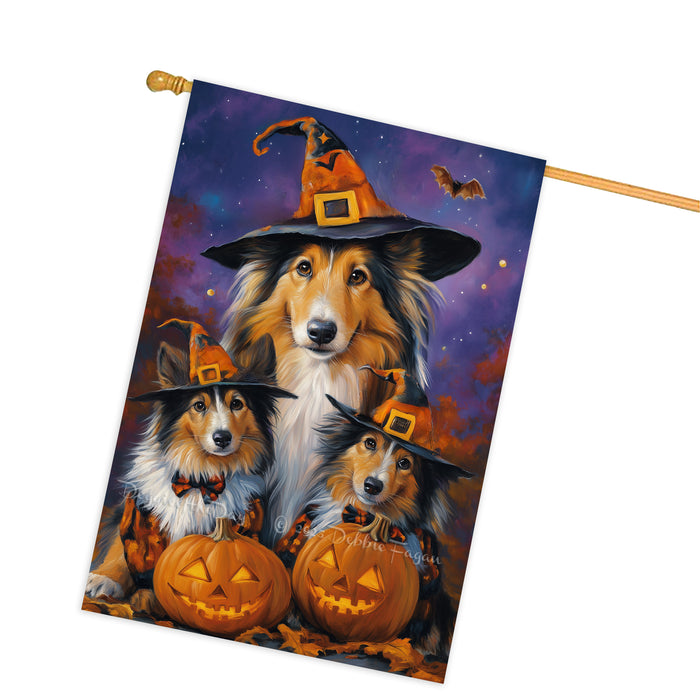Rough Collie Dog Halloween House Flag Witch Hat Pumpkin Fall Outdoor Decor for Porch Garden and Lawn Rustic Autumn Farmhouse Holiday Decoration