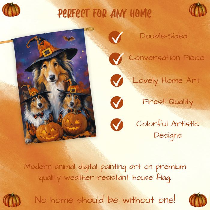 Rough Collie Dog Halloween House Flag Witch Hat Pumpkin Fall Outdoor Decor for Porch Garden and Lawn Rustic Autumn Farmhouse Holiday Decoration