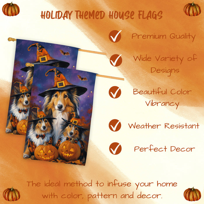 Rough Collie Dog Halloween House Flag Witch Hat Pumpkin Fall Outdoor Decor for Porch Garden and Lawn Rustic Autumn Farmhouse Holiday Decoration