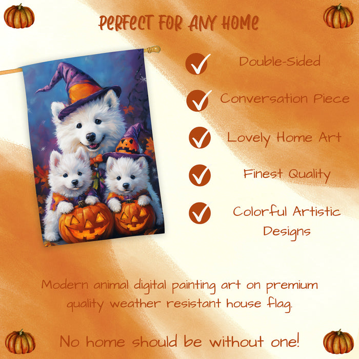 Samoyed Dog Halloween House Flag Witch Hat Pumpkin Fall Outdoor Decor for Porch Garden and Lawn Rustic Autumn Farmhouse Holiday Decoration