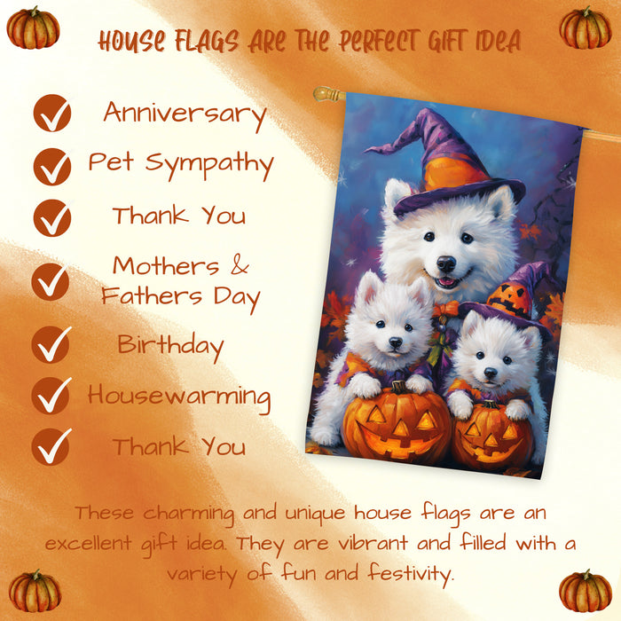 Samoyed Dog Halloween House Flag Witch Hat Pumpkin Fall Outdoor Decor for Porch Garden and Lawn Rustic Autumn Farmhouse Holiday Decoration