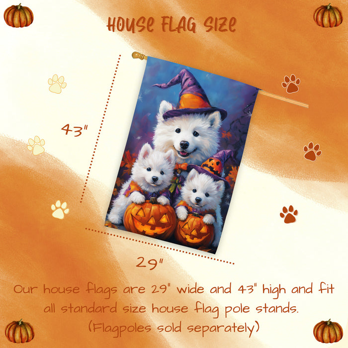 Samoyed Dog Halloween House Flag Witch Hat Pumpkin Fall Outdoor Decor for Porch Garden and Lawn Rustic Autumn Farmhouse Holiday Decoration