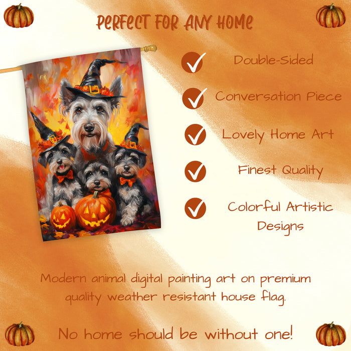 Schnauzer Dog Halloween House Flag Witch Hat Pumpkin Fall Outdoor Decor for Porch Garden and Lawn Rustic Autumn Farmhouse Holiday Decoration