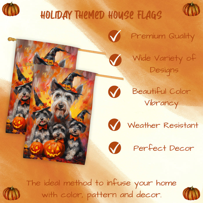 Schnauzer Dog Halloween House Flag Witch Hat Pumpkin Fall Outdoor Decor for Porch Garden and Lawn Rustic Autumn Farmhouse Holiday Decoration