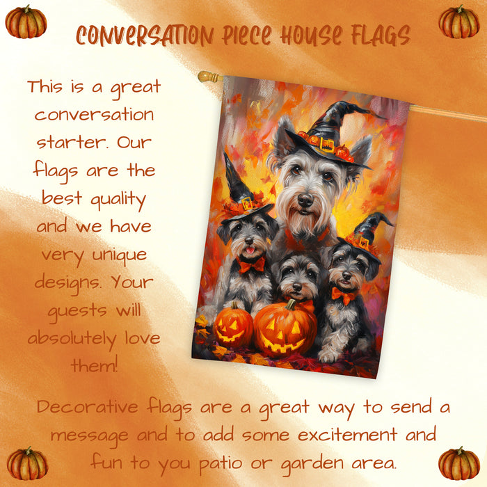 Schnauzer Dog Halloween House Flag Witch Hat Pumpkin Fall Outdoor Decor for Porch Garden and Lawn Rustic Autumn Farmhouse Holiday Decoration