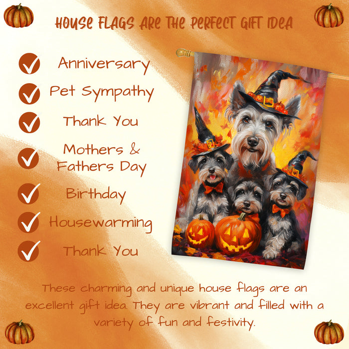 Schnauzer Dog Halloween House Flag Witch Hat Pumpkin Fall Outdoor Decor for Porch Garden and Lawn Rustic Autumn Farmhouse Holiday Decoration