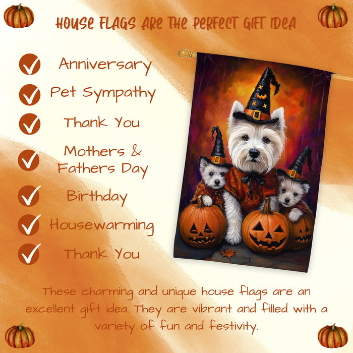 West Highland Terrier Dog Halloween House Flag Witch Hat Pumpkin Fall Outdoor Decor for Porch Garden and Lawn Rustic Autumn Farmhouse Holiday Decoration