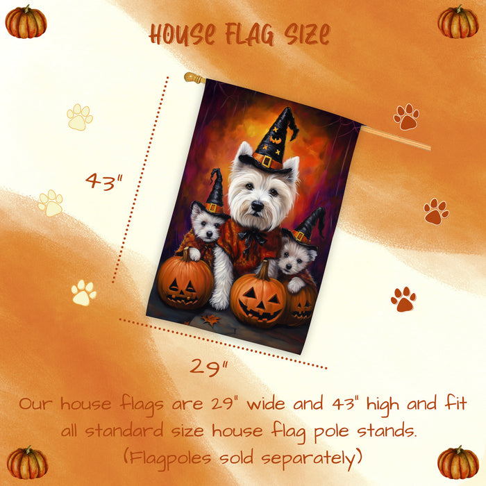 West Highland Terrier Dog Halloween House Flag Witch Hat Pumpkin Fall Outdoor Decor for Porch Garden and Lawn Rustic Autumn Farmhouse Holiday Decoration