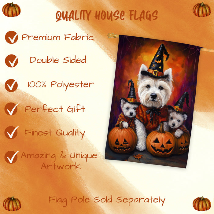 West Highland Terrier Dog Halloween House Flag Witch Hat Pumpkin Fall Outdoor Decor for Porch Garden and Lawn Rustic Autumn Farmhouse Holiday Decoration