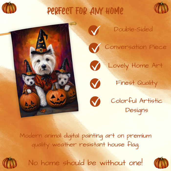 West Highland Terrier Dog Halloween House Flag Witch Hat Pumpkin Fall Outdoor Decor for Porch Garden and Lawn Rustic Autumn Farmhouse Holiday Decoration