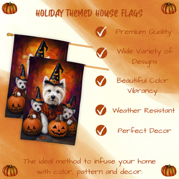 West Highland Terrier Dog Halloween House Flag Witch Hat Pumpkin Fall Outdoor Decor for Porch Garden and Lawn Rustic Autumn Farmhouse Holiday Decoration