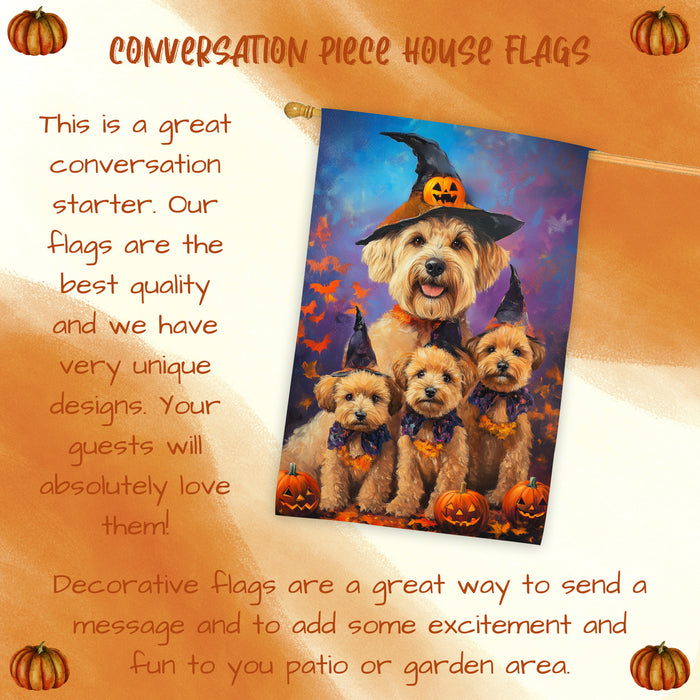 Wheaten Terrier Dog Halloween House Flag Witch Hat Pumpkin Fall Outdoor Decor for Porch Garden and Lawn Rustic Autumn Farmhouse Holiday Decoration