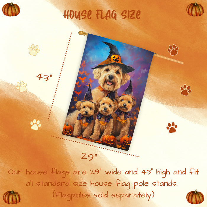 Wheaten Terrier Dog Halloween House Flag Witch Hat Pumpkin Fall Outdoor Decor for Porch Garden and Lawn Rustic Autumn Farmhouse Holiday Decoration