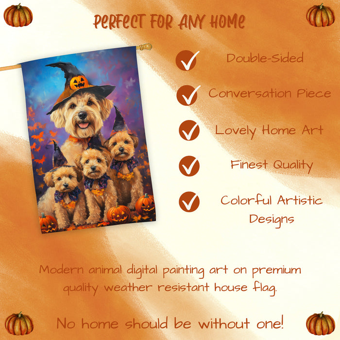 Wheaten Terrier Dog Halloween House Flag Witch Hat Pumpkin Fall Outdoor Decor for Porch Garden and Lawn Rustic Autumn Farmhouse Holiday Decoration