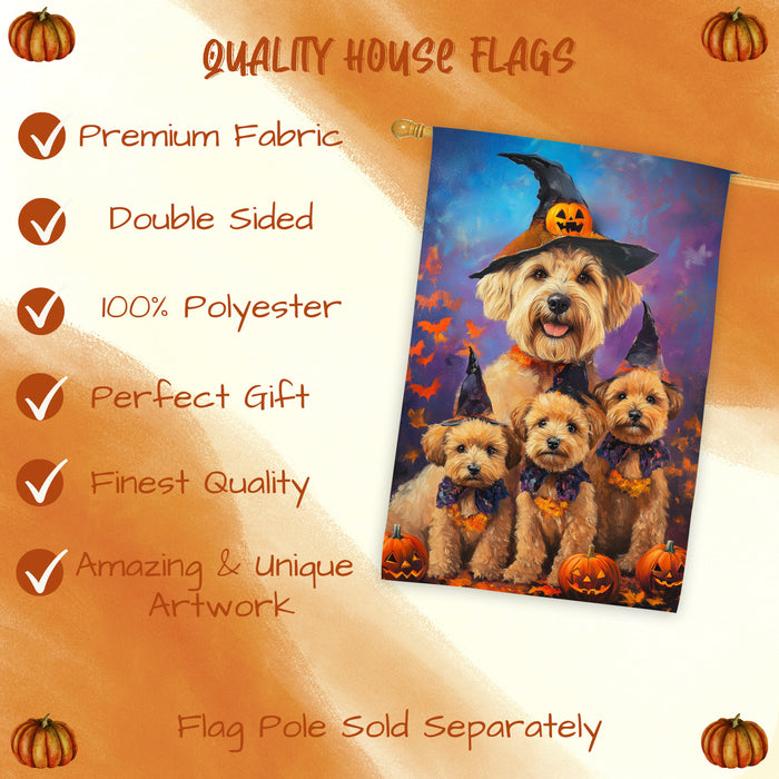 Wheaten Terrier Dog Halloween House Flag Witch Hat Pumpkin Fall Outdoor Decor for Porch Garden and Lawn Rustic Autumn Farmhouse Holiday Decoration
