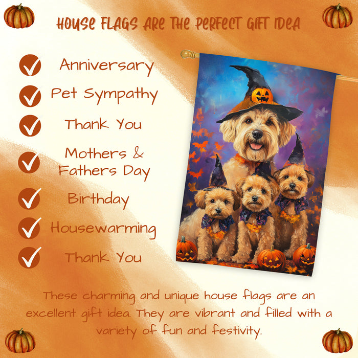 Wheaten Terrier Dog Halloween House Flag Witch Hat Pumpkin Fall Outdoor Decor for Porch Garden and Lawn Rustic Autumn Farmhouse Holiday Decoration
