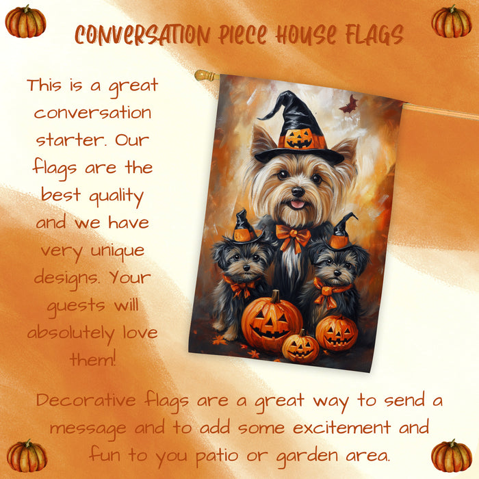 Yorkshire Terrier Dog Halloween House Flag Spooky Witch Hat Yorkie Puppy Autumn Thanksgiving Holiday Large Outdoor Porch Banner Home Patio Yard Decoration