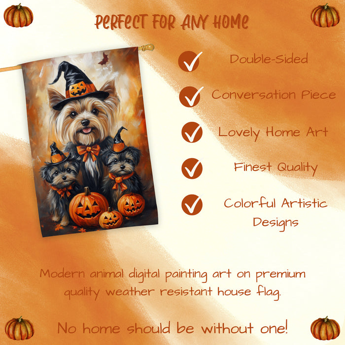 Yorkshire Terrier Dog Halloween House Flag Spooky Witch Hat Yorkie Puppy Autumn Thanksgiving Holiday Large Outdoor Porch Banner Home Patio Yard Decoration