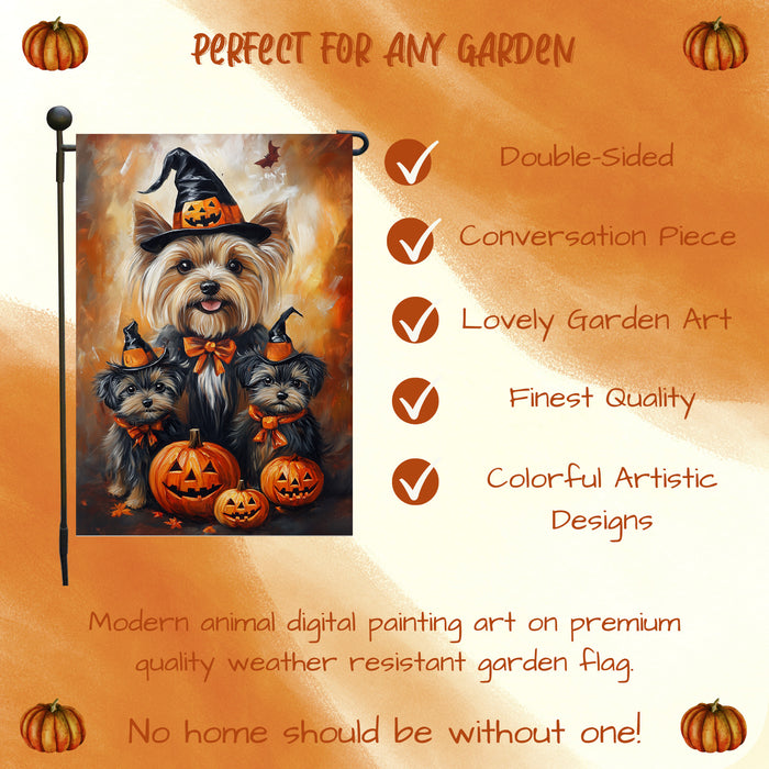 Yorkshire Terrier Dog Garden Flag Spooky Witch Hat Yorkie Puppy Seasonal Autumn Thanksgiving Holiday Patio Yard Outdoor Party Decor Puppy in Witch Hat Flag