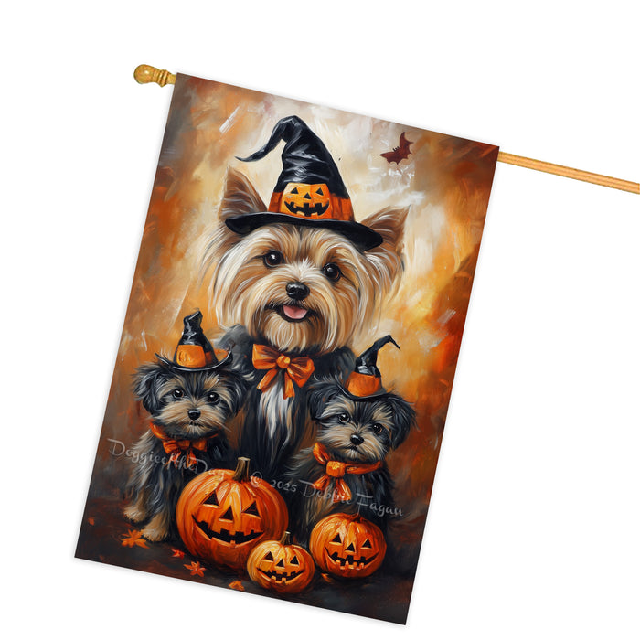 Yorkshire Terrier Dog Halloween House Flag Spooky Witch Hat Yorkie Puppy Autumn Thanksgiving Holiday Large Outdoor Porch Banner Home Patio Yard Decoration