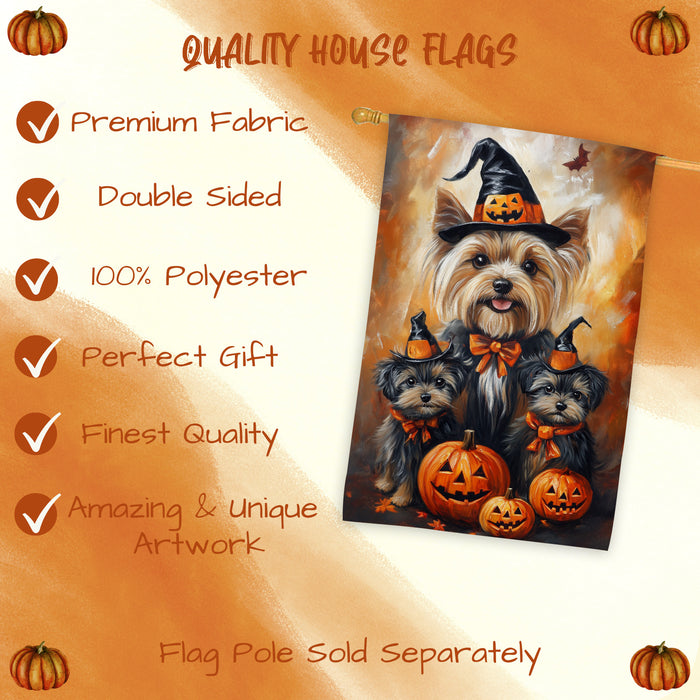 Yorkshire Terrier Dog Halloween House Flag Spooky Witch Hat Yorkie Puppy Autumn Thanksgiving Holiday Large Outdoor Porch Banner Home Patio Yard Decoration