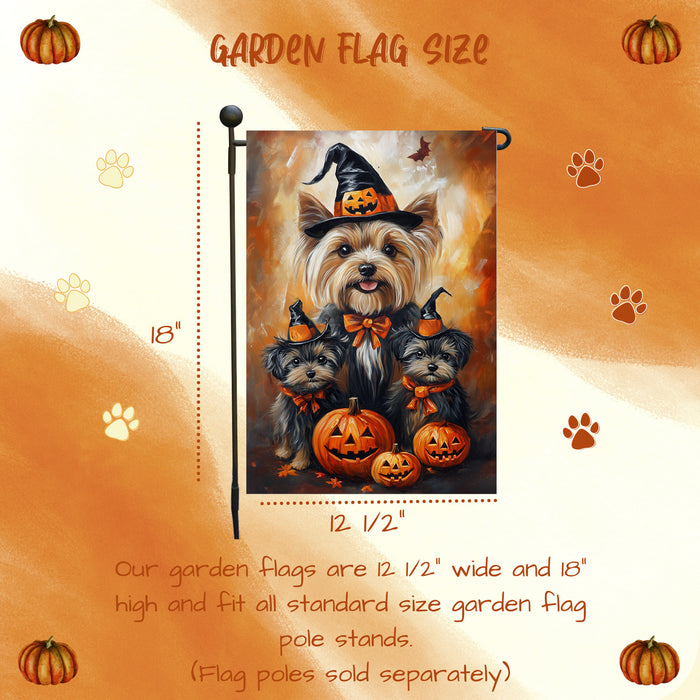Yorkshire Terrier Dog Garden Flag Spooky Witch Hat Yorkie Puppy Seasonal Autumn Thanksgiving Holiday Patio Yard Outdoor Party Decor Puppy in Witch Hat Flag