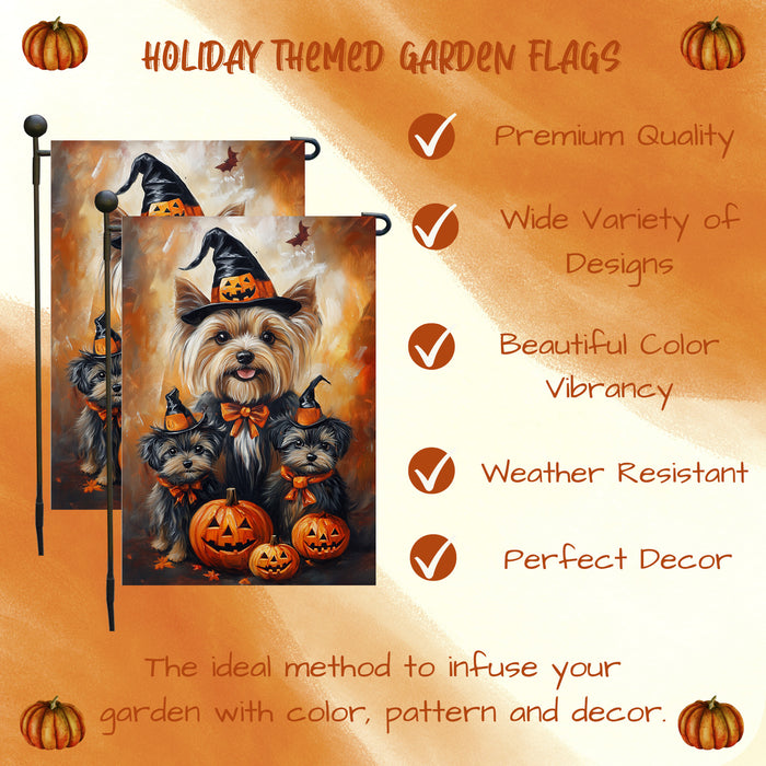 Yorkshire Terrier Dog Garden Flag Spooky Witch Hat Yorkie Puppy Seasonal Autumn Thanksgiving Holiday Patio Yard Outdoor Party Decor Puppy in Witch Hat Flag