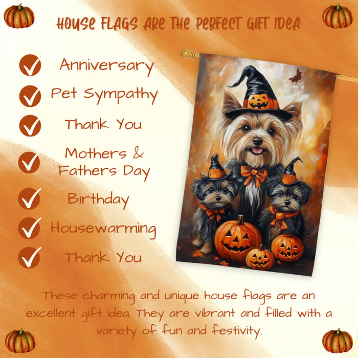 Yorkshire Terrier Dog Halloween House Flag Spooky Witch Hat Yorkie Puppy Autumn Thanksgiving Holiday Large Outdoor Porch Banner Home Patio Yard Decoration