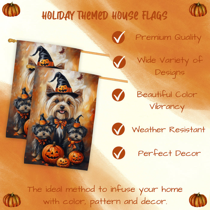Yorkshire Terrier Dog Halloween House Flag Spooky Witch Hat Yorkie Puppy Autumn Thanksgiving Holiday Large Outdoor Porch Banner Home Patio Yard Decoration