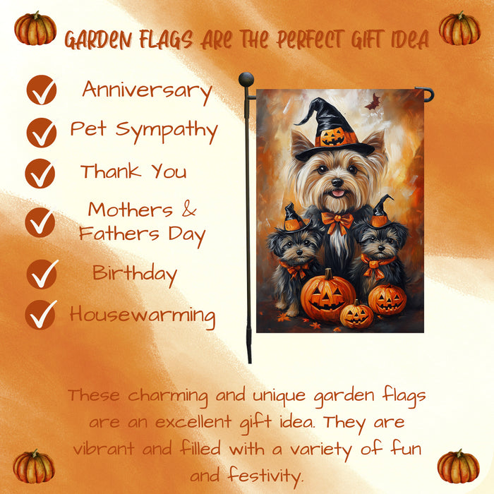 Yorkshire Terrier Dog Garden Flag Spooky Witch Hat Yorkie Puppy Seasonal Autumn Thanksgiving Holiday Patio Yard Outdoor Party Decor Puppy in Witch Hat Flag