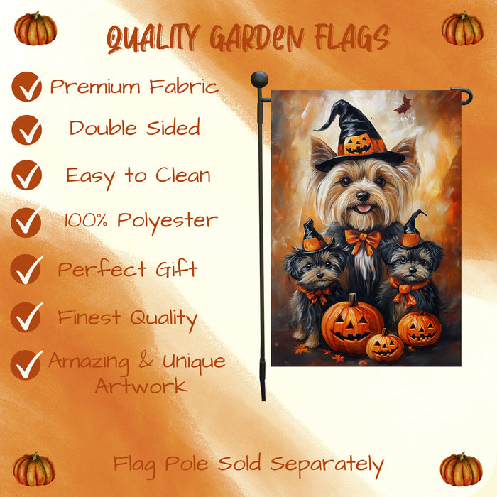 Yorkshire Terrier Dog Garden Flag Spooky Witch Hat Yorkie Puppy Seasonal Autumn Thanksgiving Holiday Patio Yard Outdoor Party Decor Puppy in Witch Hat Flag