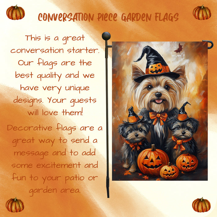 Yorkshire Terrier Dog Garden Flag Spooky Witch Hat Yorkie Puppy Seasonal Autumn Thanksgiving Holiday Patio Yard Outdoor Party Decor Puppy in Witch Hat Flag
