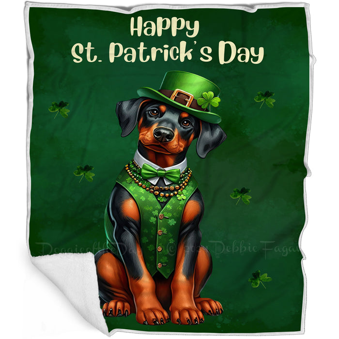Doberman Pincher St. Patrick's Irish Dog Blanket, Irish Woof Warmth, Fleece, Woven, Sherpa Blankets, Puppy with Hats, Gifts for Pet Lovers