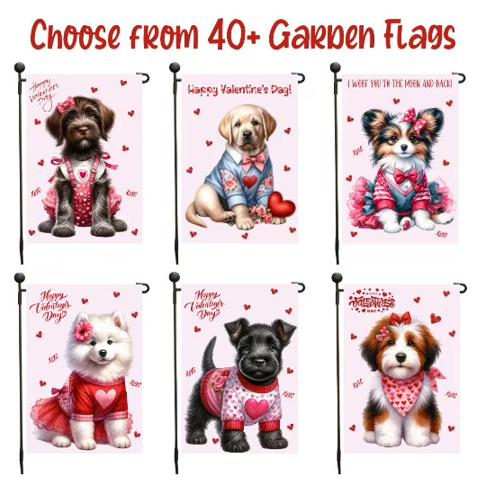 Valentine's Day Garden Flags with Dog and Puppy, Double Sided Yard Spring Outdoor Decoration, Cute Dressy Dog, Personalized Pet Lovers Gifts