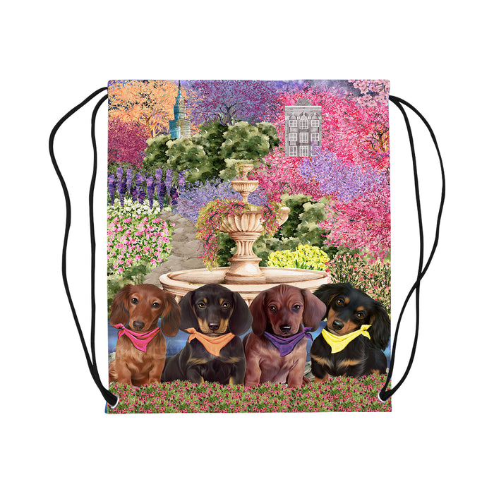 Floral Park Dachshund Dog on Drawstring Bag