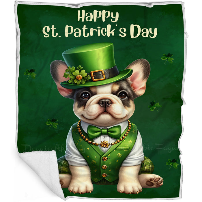 French Bulldog St. Patrick's Irish Dog Blanket, Irish Woof Warmth, Fleece, Woven, Sherpa Blankets, Puppy with Hats, Gifts for Pet Lovers