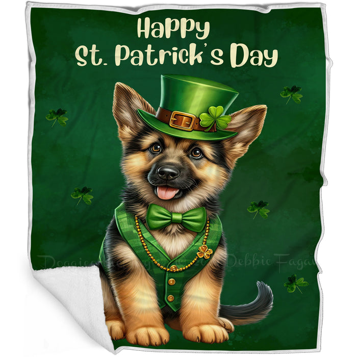 German Shepherd St. Patrick's Irish Dog Blanket, Irish Woof Warmth, Fleece, Woven, Sherpa Blankets, Puppy with Hats, Gifts for Pet Lovers