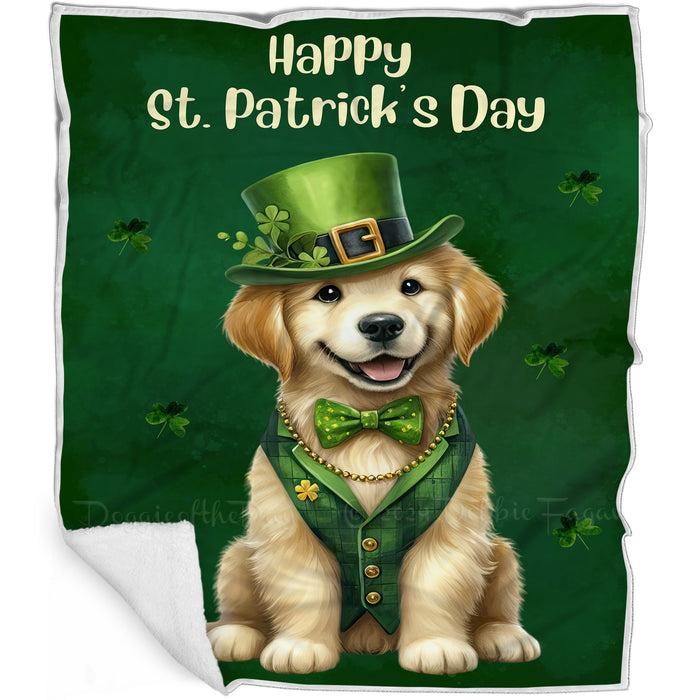 Golden Retriever St. Patrick's Irish Dog Blanket, Irish Woof Warmth, Fleece, Woven, Sherpa Blankets, Puppy with Hats, Gifts for Pet Lovers