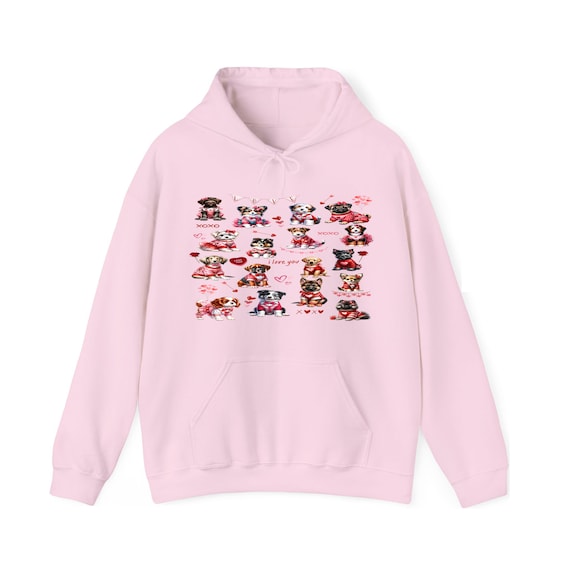 Valentine's Day Pink Sweatshirt with Dogs, Hoodie for Woman, Dogs with Roses, I Love You Candy Hearts, Puppy in Outfit, Plus Sizes, Gifts