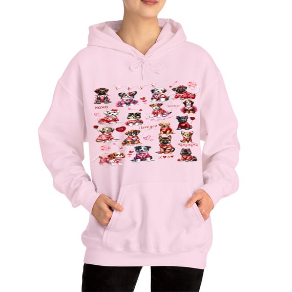 Valentine's Day Pink Sweatshirt with Dogs, Hoodie for Woman, Dogs with Roses, I Love You Candy Hearts, Puppy in Outfit, Plus Sizes, Gifts