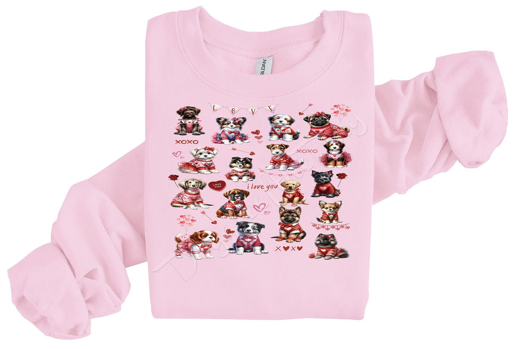 Valentine's Day Pink Sweatshirt with Dogs, Hoodie for Woman, Dogs with Roses, I Love You Candy Hearts, Puppy in Outfit, Plus Sizes, Gifts