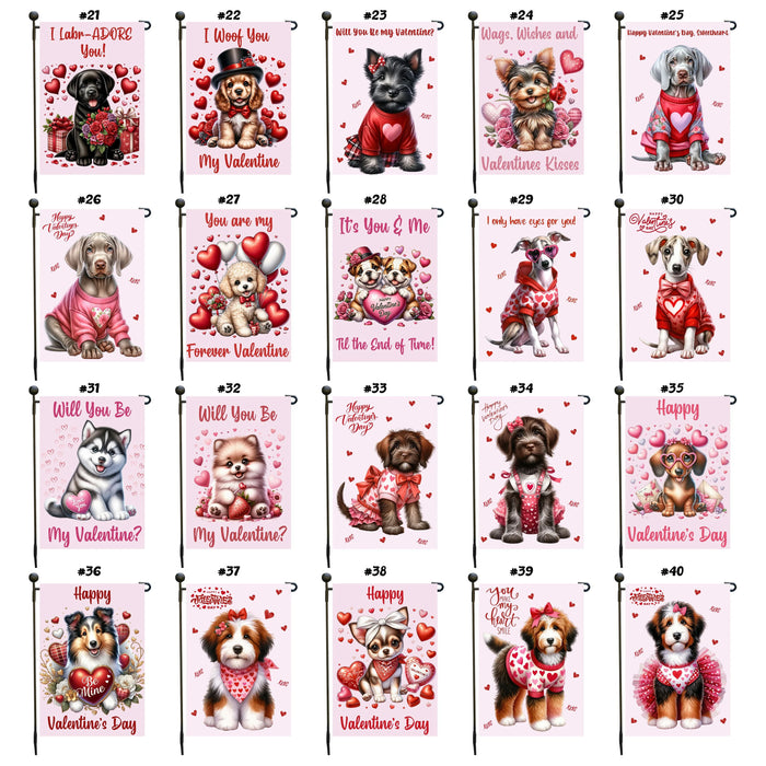 Valentine's Day Garden Flags with Dog and Puppy, Double Sided Yard Spring Outdoor Decoration, Cute Dressy Dog, Personalized Pet Lovers Gifts