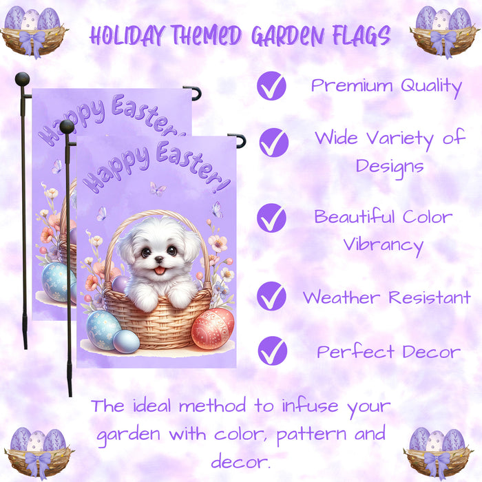 Maltese Happy Easter Garden Flag Puppy Eggs Spring Yard Lawn Outdoor Décor 12x18 Inch Single Side and Double Sided