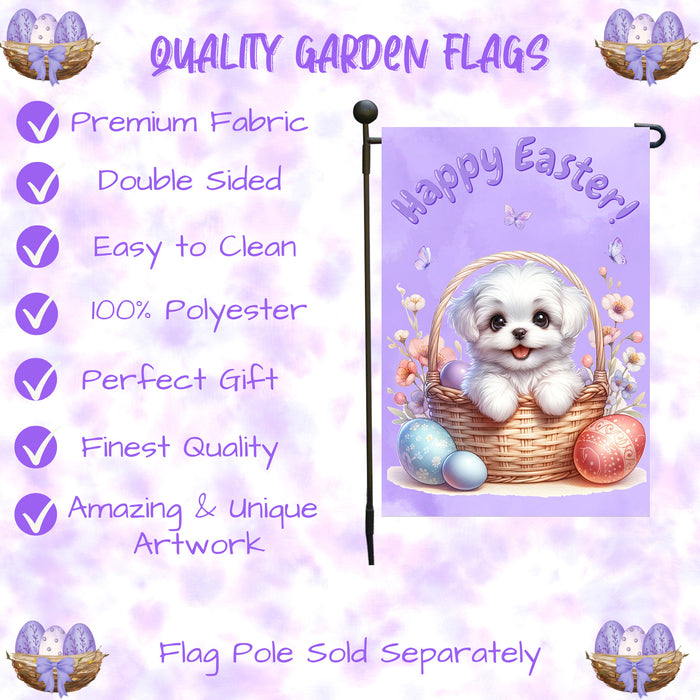 Maltese Happy Easter Garden Flag Puppy Eggs Spring Yard Lawn Outdoor Décor 12x18 Inch Single Side and Double Sided