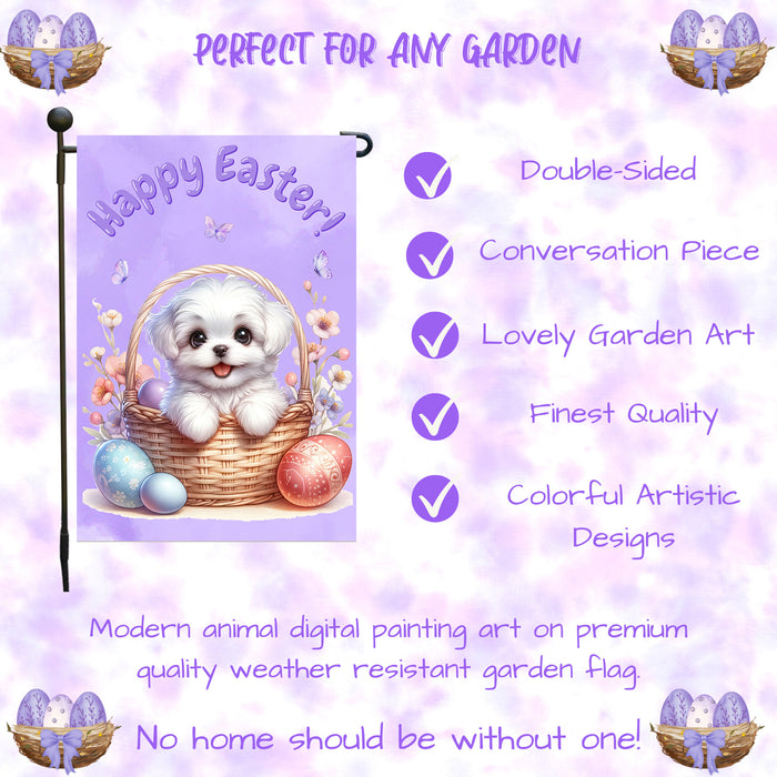 Maltese Happy Easter Garden Flag Puppy Eggs Spring Yard Lawn Outdoor Décor 12x18 Inch Single Side and Double Sided