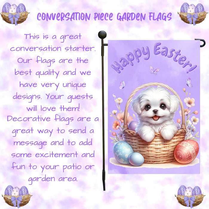 Maltese Happy Easter Garden Flag Puppy Eggs Spring Yard Lawn Outdoor Décor 12x18 Inch Single Side and Double Sided