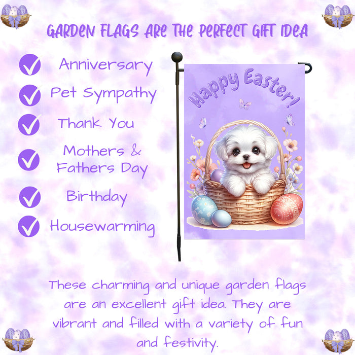Maltese Happy Easter Garden Flag Puppy Eggs Spring Yard Lawn Outdoor Décor 12x18 Inch Single Side and Double Sided